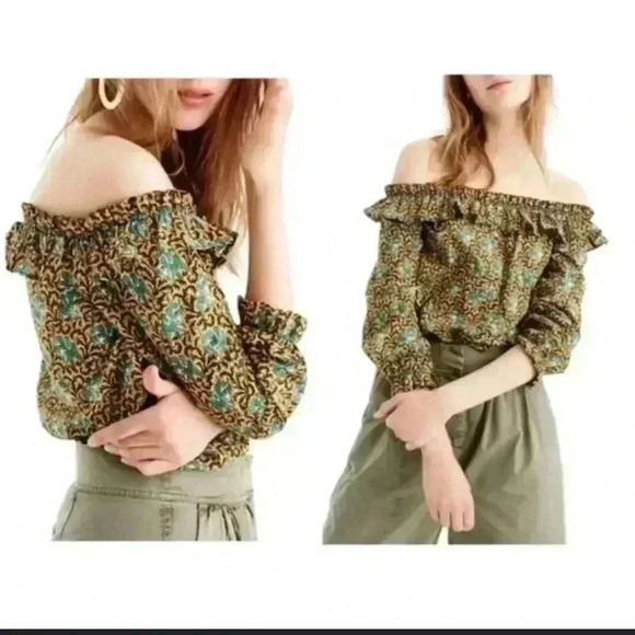 J. Crew Tops - J. Crew Ratti Elephant Print Ruffle Off The Shoulder Top Size 00